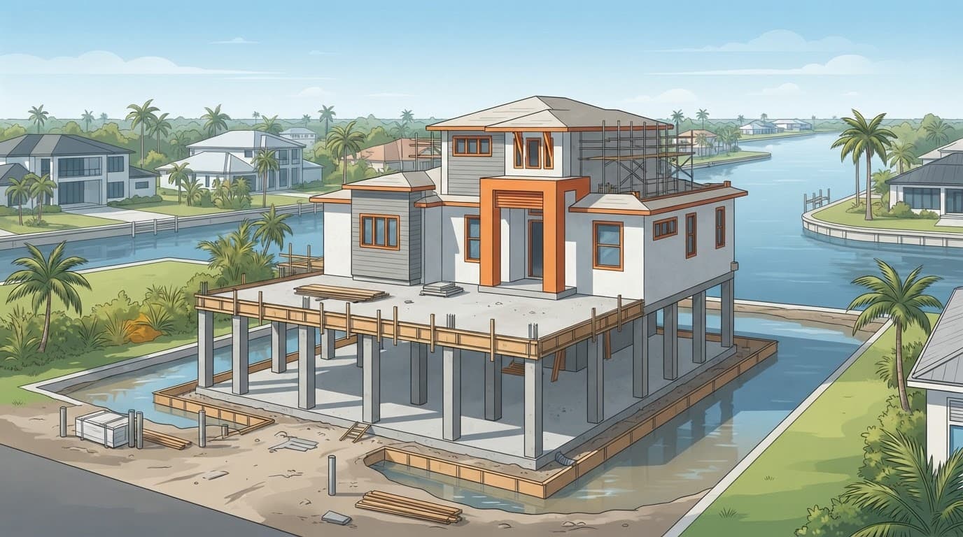 Flood zones shown with a raised home, visible pilings, drainage grading, and shallow water.