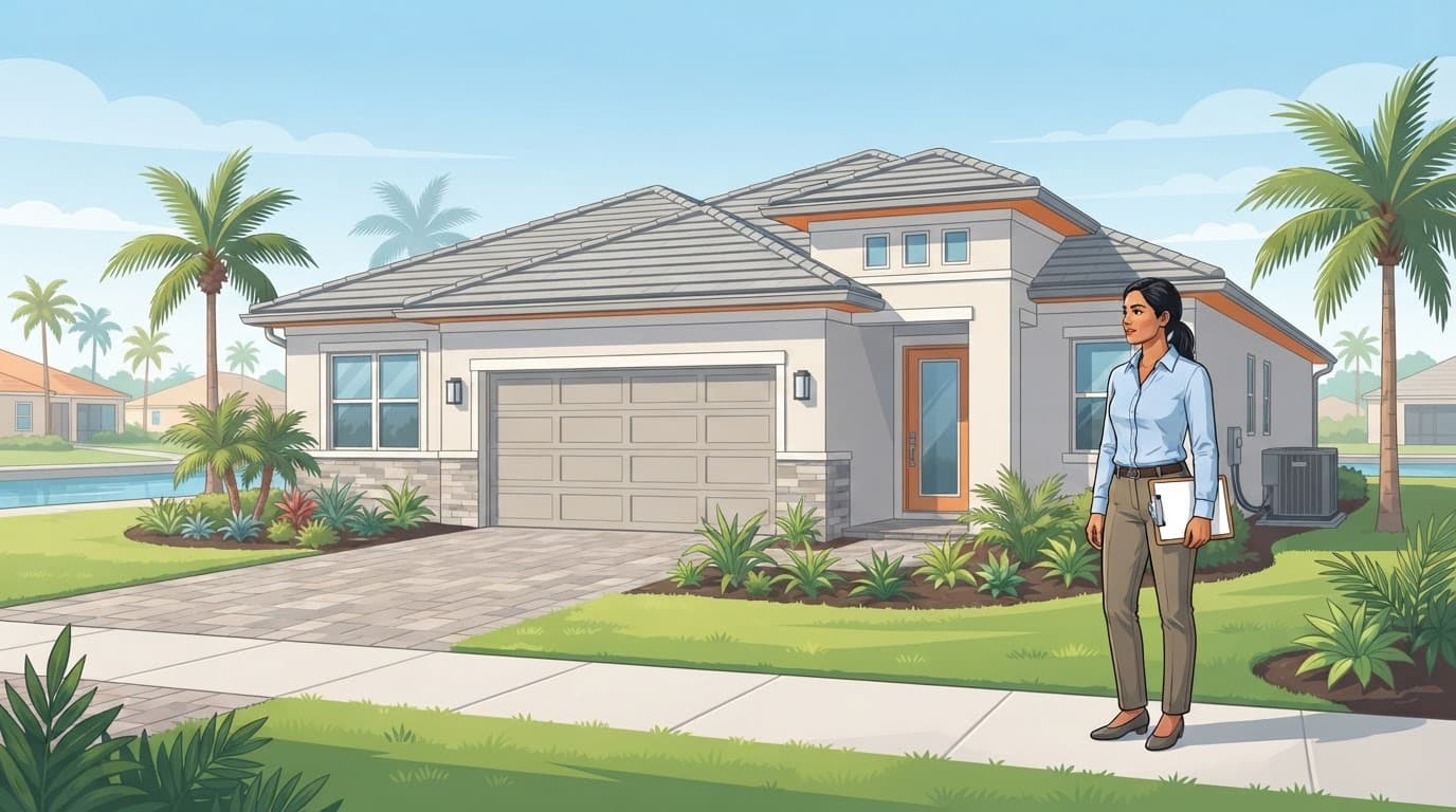A construction professional inspects a finished Florida home beside a landscaped driveway.