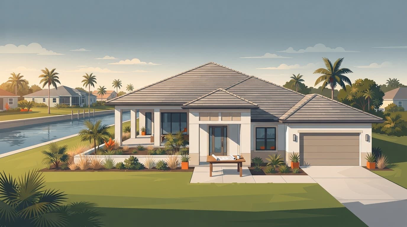 New Florida home with a covered lanai, canal, palms, and rolled plans on the porch.