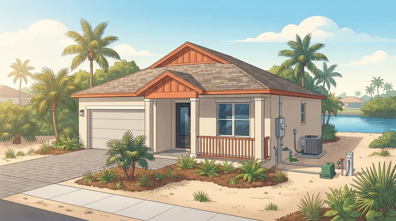 New Florida home with a driveway, electrical meter, and water connection area.
