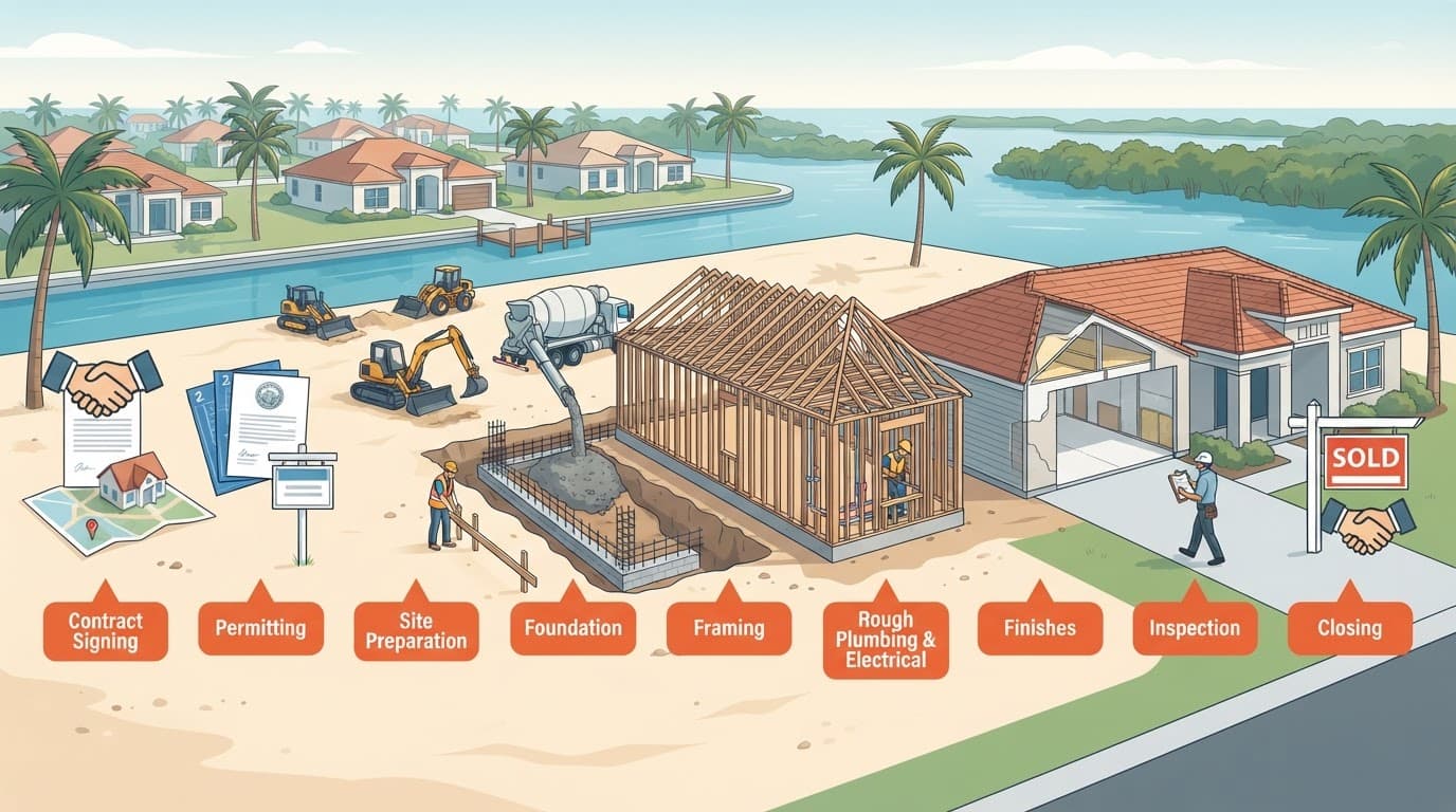 New construction timeline illustration for Cape Coral buyers, showing a home progressing from contract to closing.