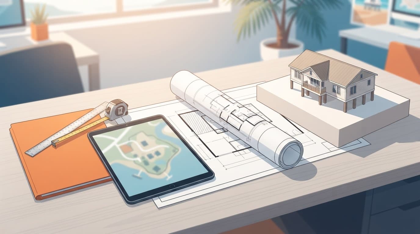 Cape Coral flood zones reviewed beside a site plan, tablet, ruler, and small house model.