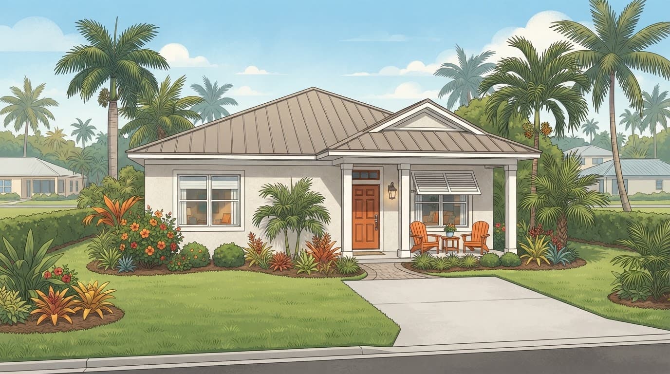 Compact Cape Coral starter home with two bedrooms, a porch, driveway, tropical plants, and a sloped roof.