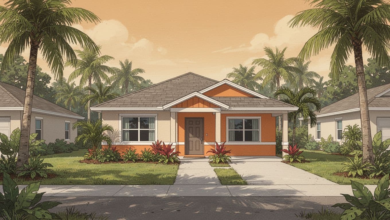 Cape Coral home with a lanai, driveway, tropical landscaping, and a sloped roof.