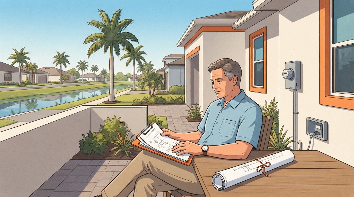 Homeowner reviewing utility plans beside a Cape Coral house.