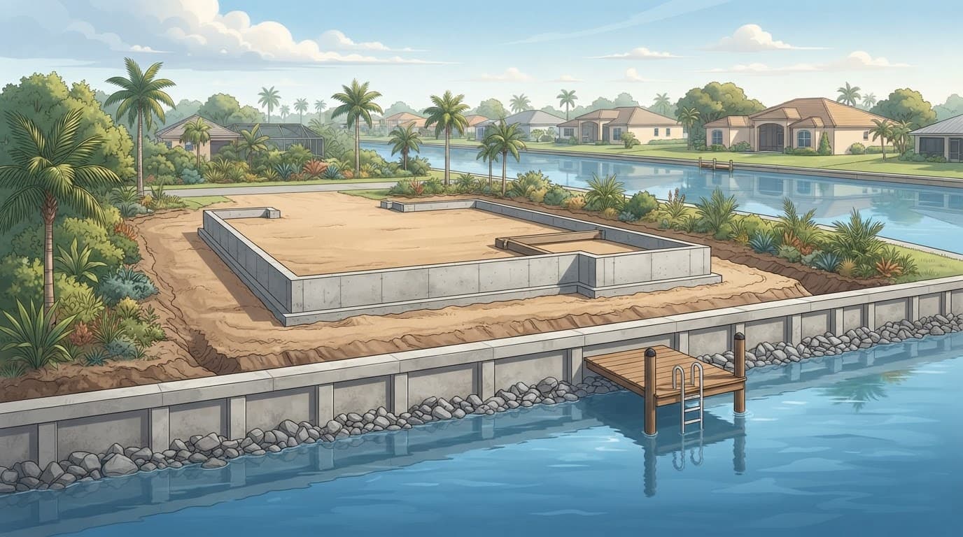 A prepared waterfront lot with a foundation, seawall, dock, palms, and distant homes.