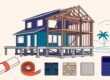 A modern Florida home under construction with plans, samples, and a calculator in front.