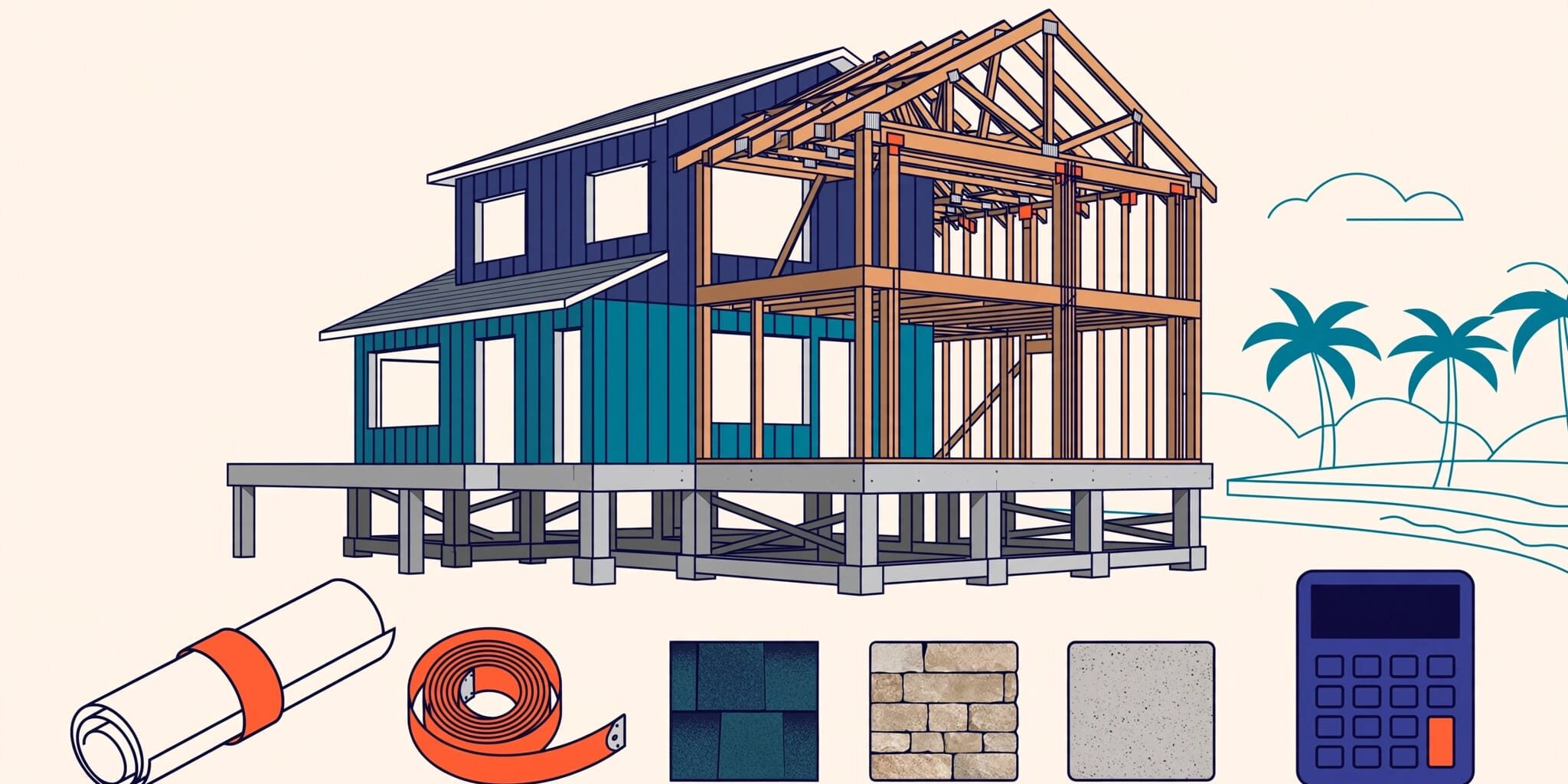 A modern Florida home under construction with plans, samples, and a calculator in front.
