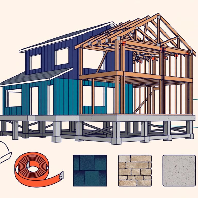 Cape Coral Home Construction A modern Florida home under construction with plans, samples, and a calculator in front.