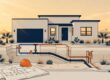 New Cape Coral home with underground utility lines, a meter, blueprint, and hard hat.