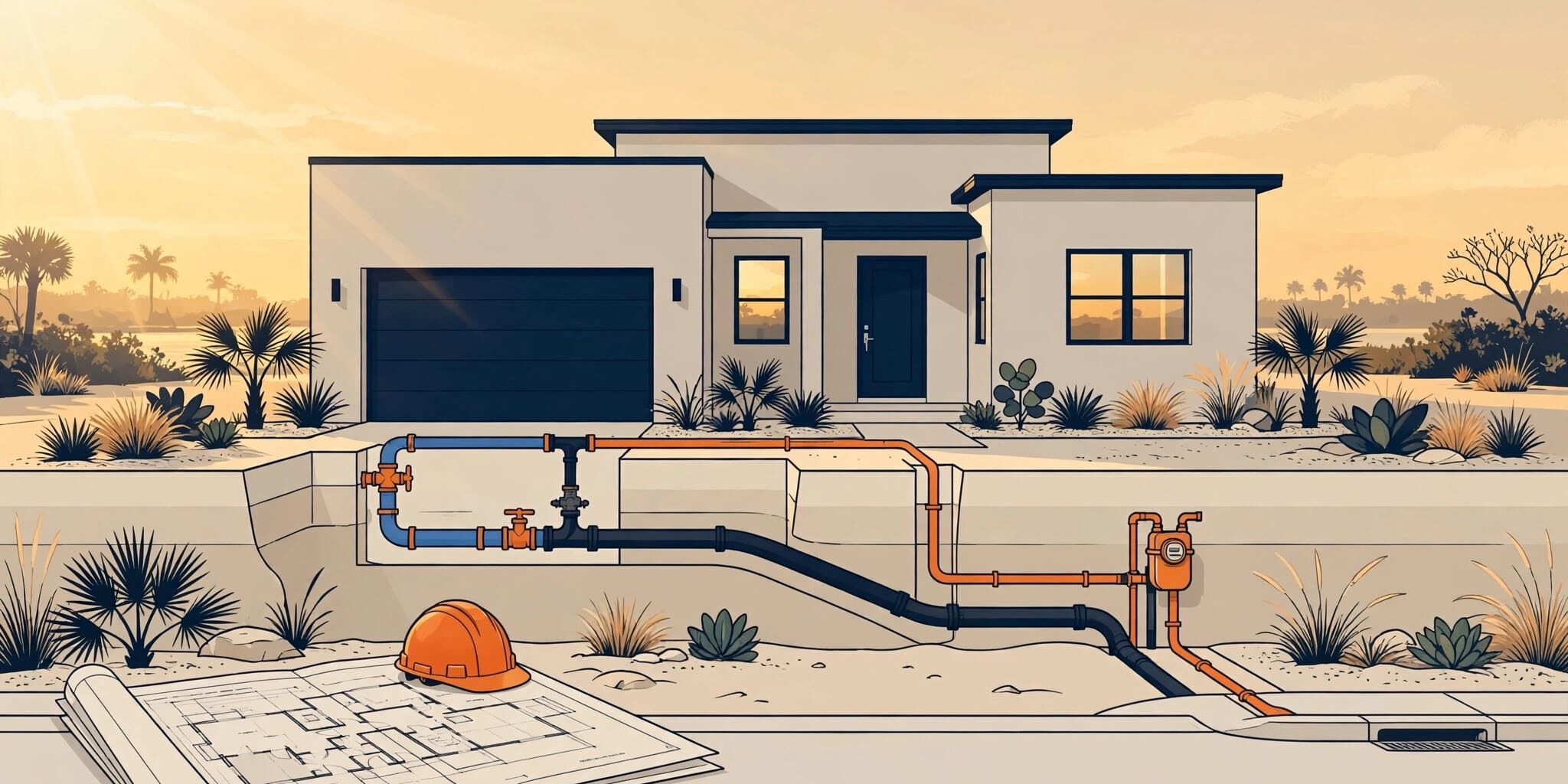 New Cape Coral home with underground utility lines, a meter, blueprint, and hard hat.