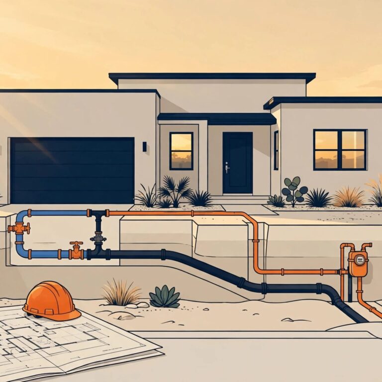 Cape Coral Utility Connections New Cape Coral home with underground utility lines, a meter, blueprint, and hard hat.