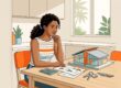A homebuyer reviews plans beside a house model, calculator, papers, and keys at a bright kitchen table.