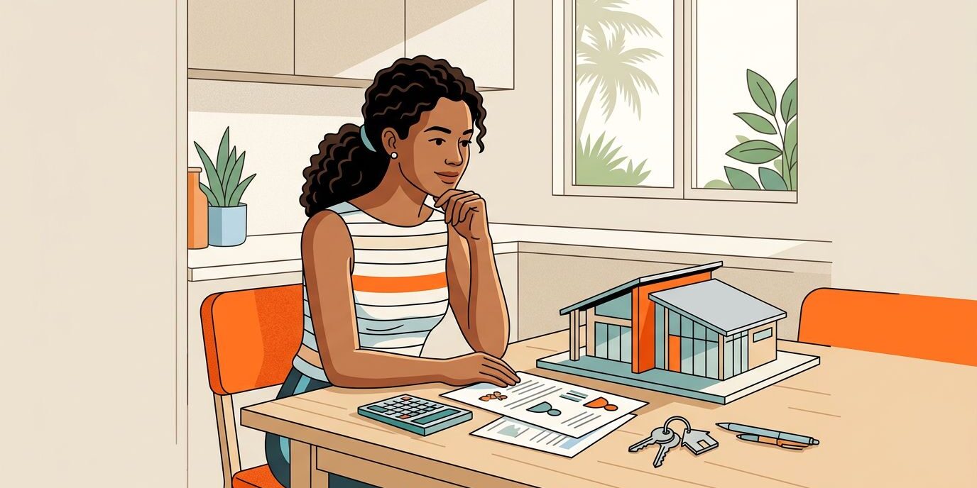 A homebuyer reviews plans beside a house model, calculator, papers, and keys at a bright kitchen table.