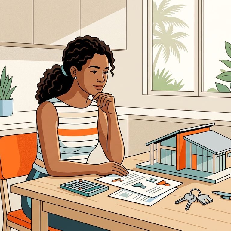 A homebuyer reviews plans beside a house model, calculator, papers, and keys at a bright kitchen table.