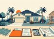 A partially built Florida home with plans, mortgage papers, a calculator, and landscaping elements.