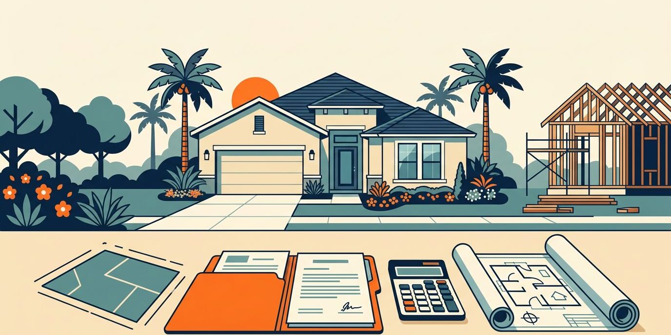A partially built Florida home with plans, mortgage papers, a calculator, and landscaping elements.