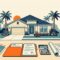 A partially built Florida home with plans, mortgage papers, a calculator, and landscaping elements.