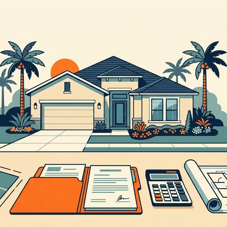 A partially built Florida home with plans, mortgage papers, a calculator, and landscaping elements.