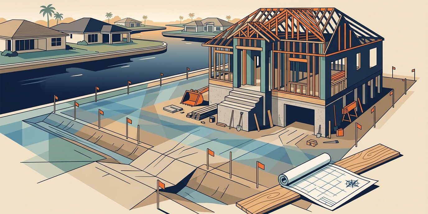 Cape Coral Flood Planning Partially built home on a raised foundation beside a canal with drainage swales and survey stakes.