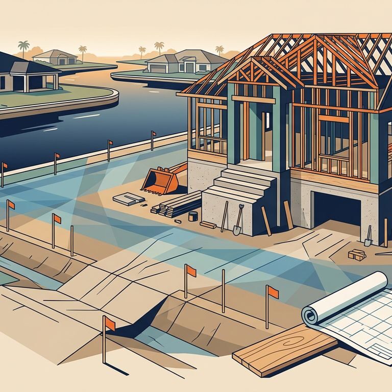 Partially built home on a raised foundation beside a canal with drainage swales and survey stakes.