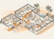 Angled floor plan showing private bedrooms, an accessible bathroom, shared kitchen, and connected living spaces.