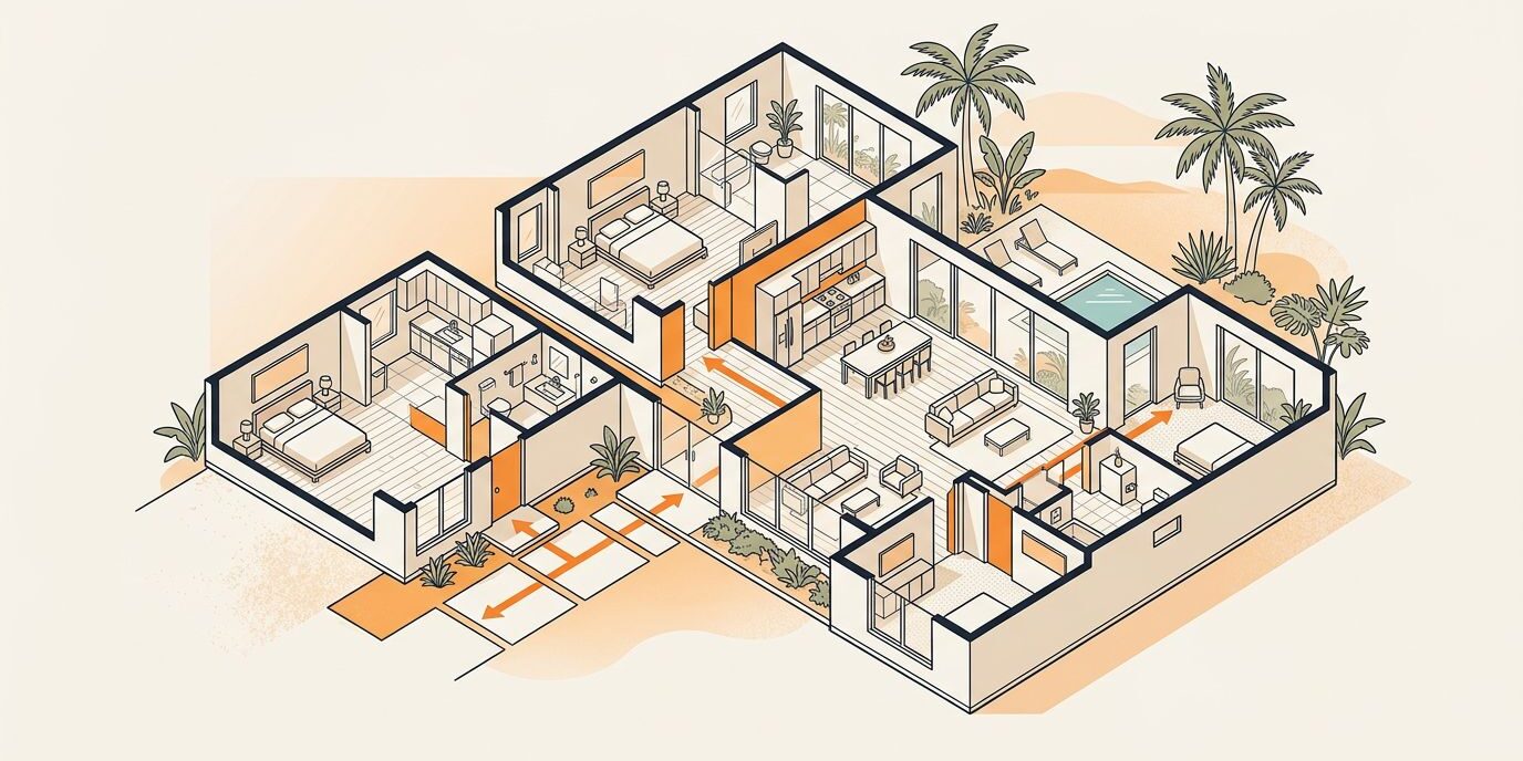 Angled floor plan showing private bedrooms, an accessible bathroom, shared kitchen, and connected living spaces.