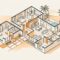 Angled floor plan showing private bedrooms, an accessible bathroom, shared kitchen, and connected living spaces.