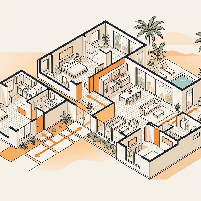 Angled floor plan showing private bedrooms, an accessible bathroom, shared kitchen, and connected living spaces.