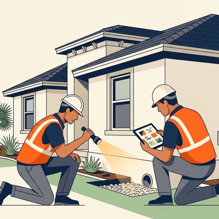 An inspector checks drainage beside a new Florida home with palms and clean landscaping.