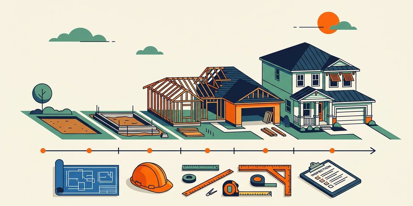 Illustration showing a Cape Coral home progressing from foundation to finished landscaping.