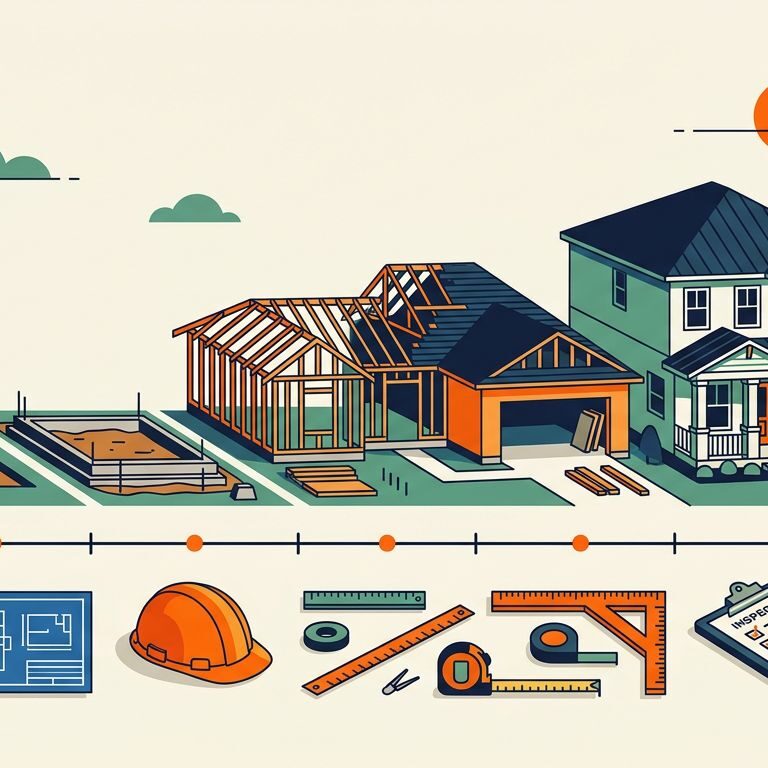Illustration showing a Cape Coral home progressing from foundation to finished landscaping.