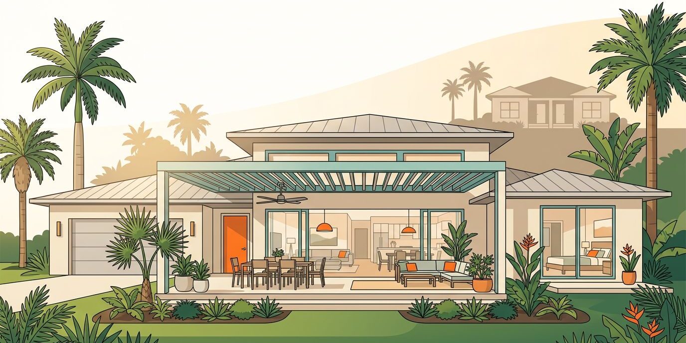 A modern Florida home with a lanai, palms, tropical plants, and an attached garage.