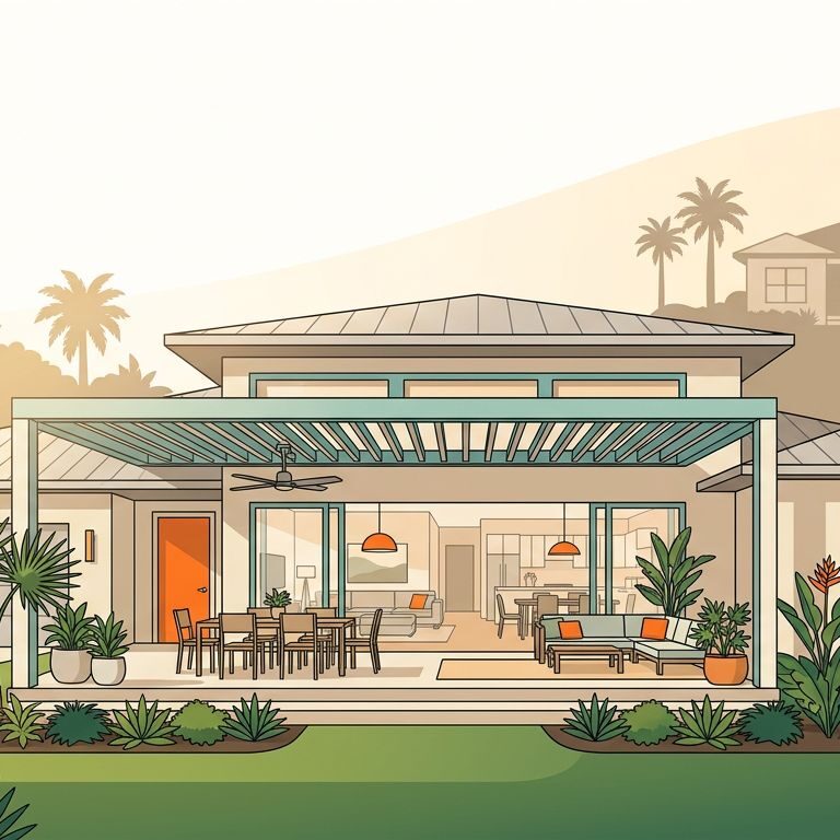 A modern Florida home with a lanai, palms, tropical plants, and an attached garage.