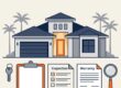 Florida home with a key, checklist, warranty papers, and magnifying glass.