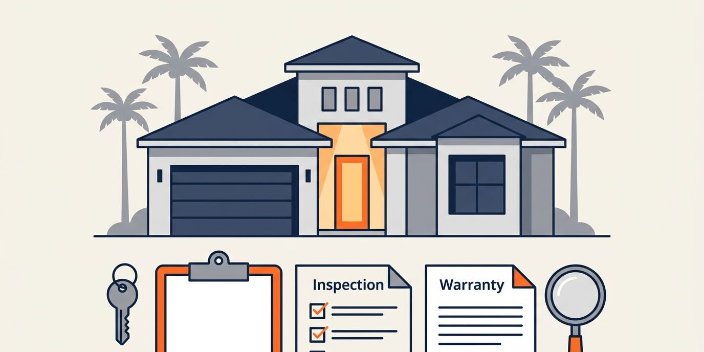 Florida Home Warranty Review Florida home with a key, checklist, warranty papers, and magnifying glass.