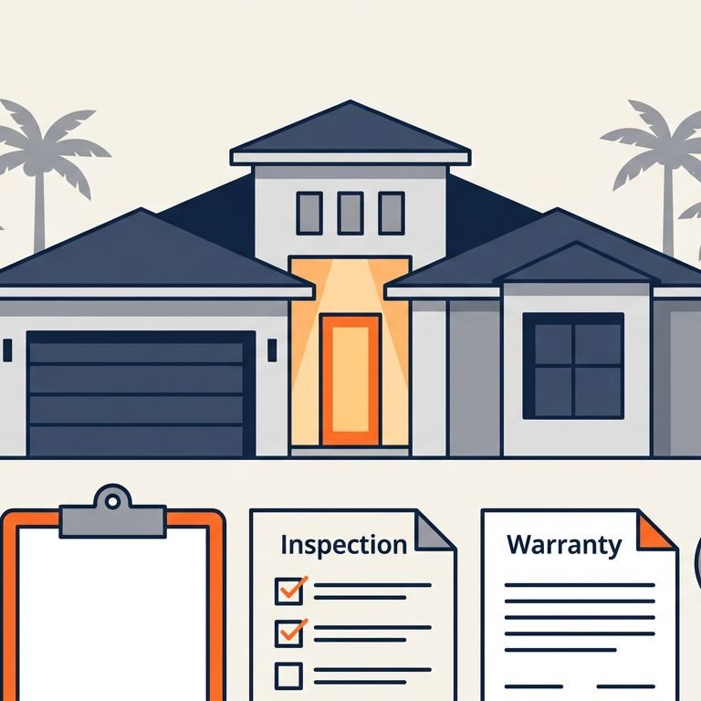 Florida Home Warranty Review Florida home with a key, checklist, warranty papers, and magnifying glass.