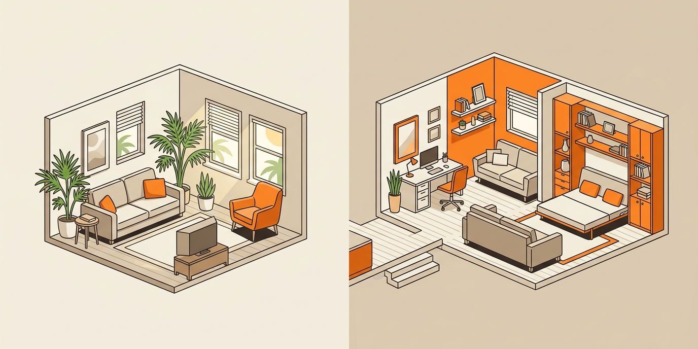 Florida Home Comparison Split illustration comparing a cozy one-bedroom condo with a larger two-bedroom Florida home.