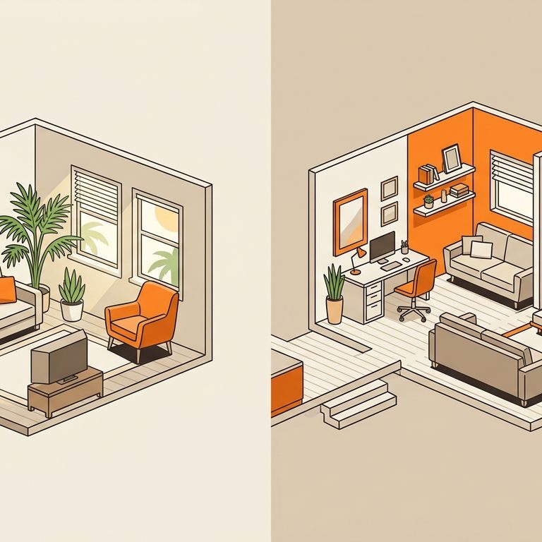 Split illustration comparing a cozy one-bedroom condo with a larger two-bedroom Florida home.