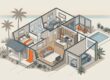 Cutaway view of a two-bedroom home with a kitchen, garage, porch, and screened lanai.