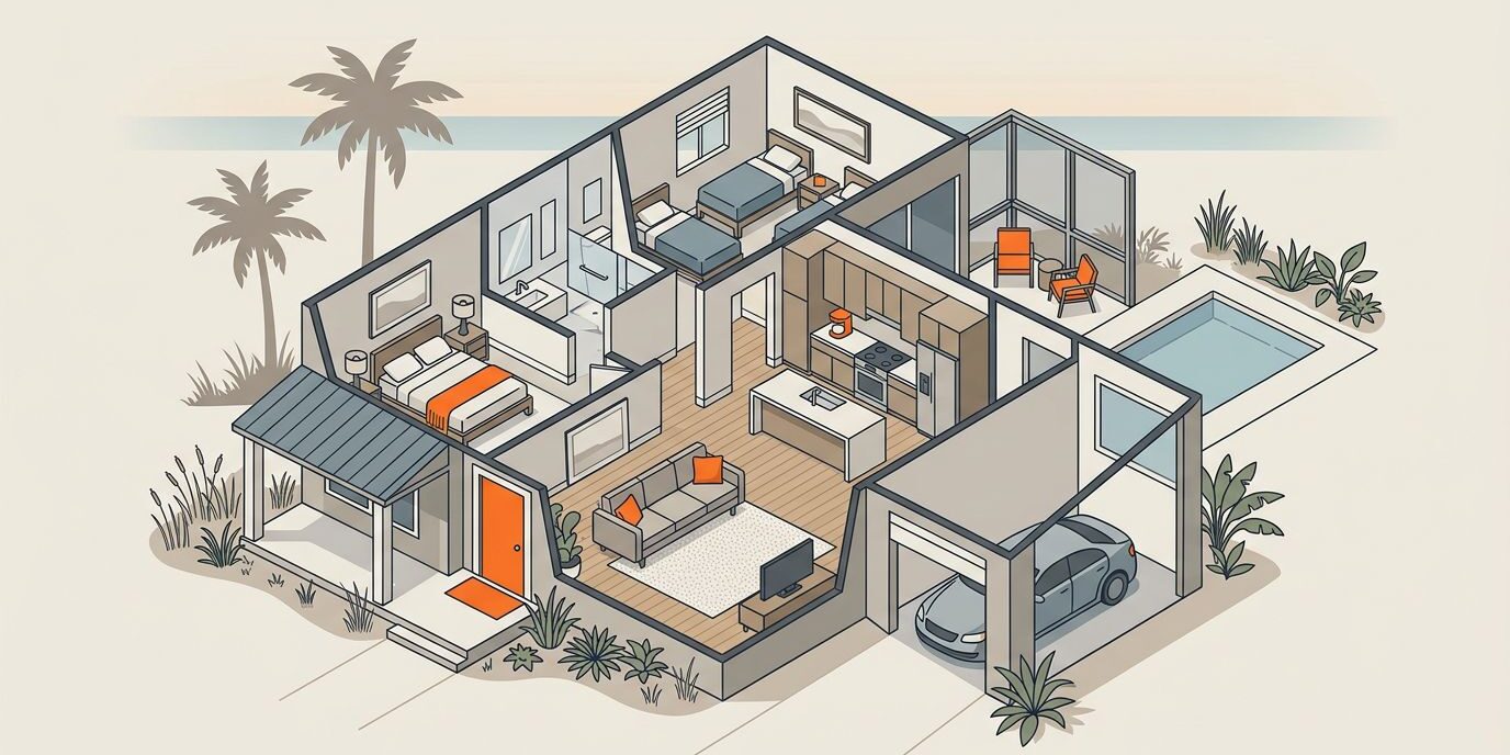 Cape Coral Starter Home Cutaway view of a two-bedroom home with a kitchen, garage, porch, and screened lanai.