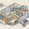 Cutaway view of a two-bedroom home with a kitchen, garage, porch, and screened lanai.