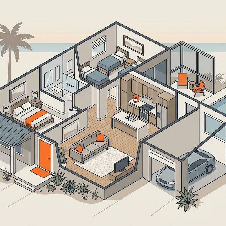 Cutaway view of a two-bedroom home with a kitchen, garage, porch, and screened lanai.