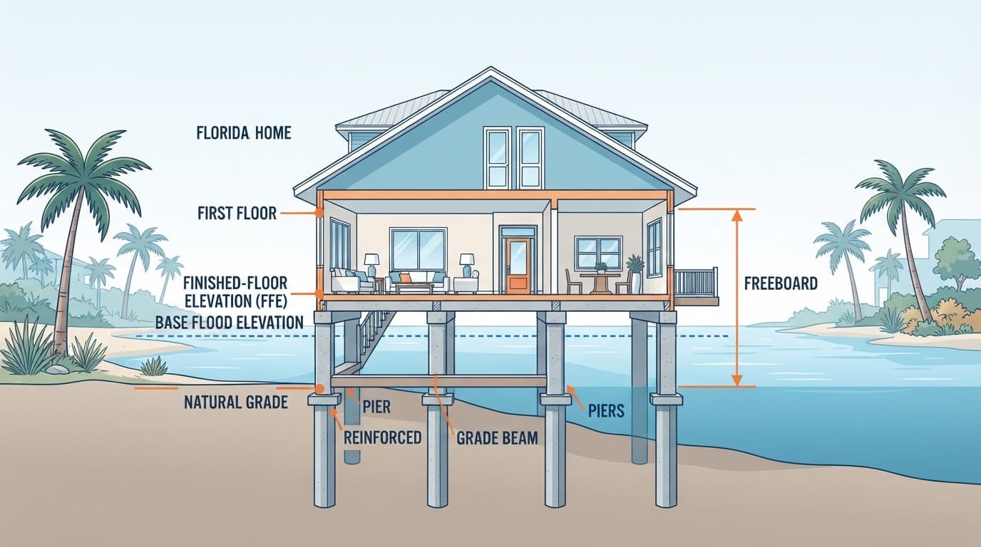 Elevated Florida home showing flood levels and foundation supports.