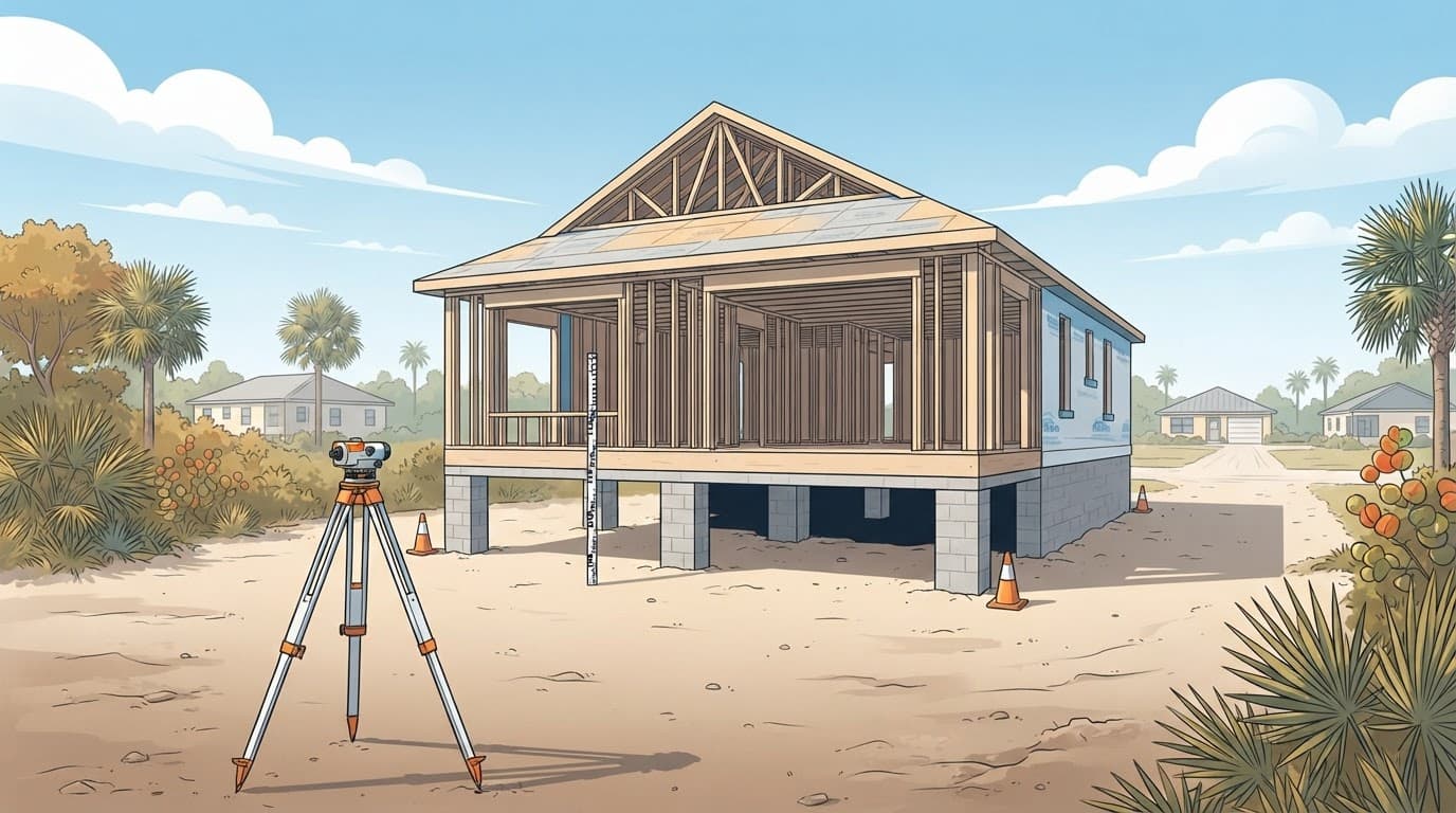 Framed Florida home on an elevated foundation with a survey tripod in front.