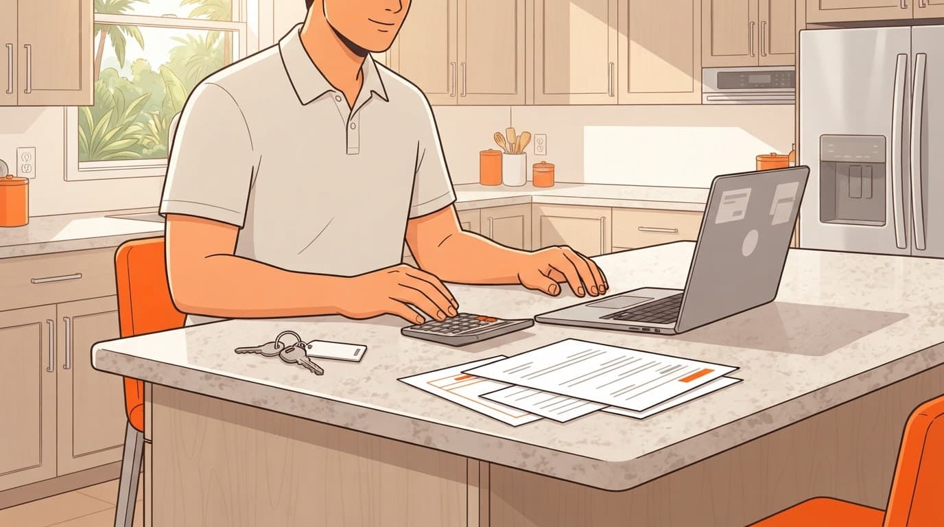 Homebuyer reviewing a budget with a laptop, calculator, keys, and paperwork in a bright kitchen.