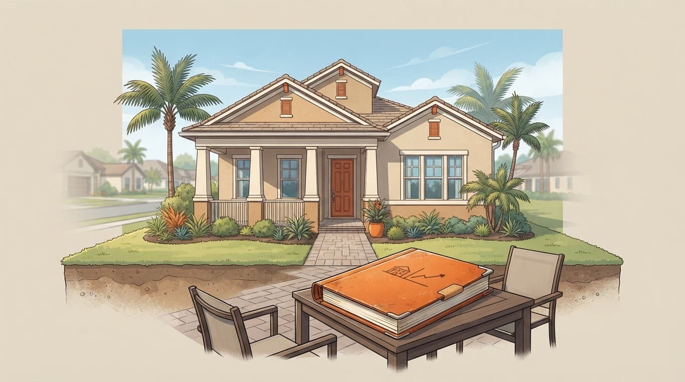A stucco home with palm trees and a budget folder on a foreground table.