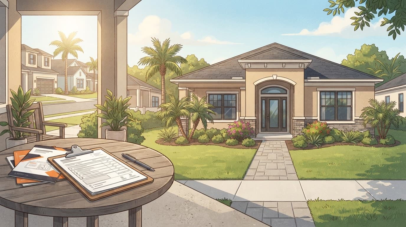 New Florida home with an inspection clipboard and warranty papers on a porch table.