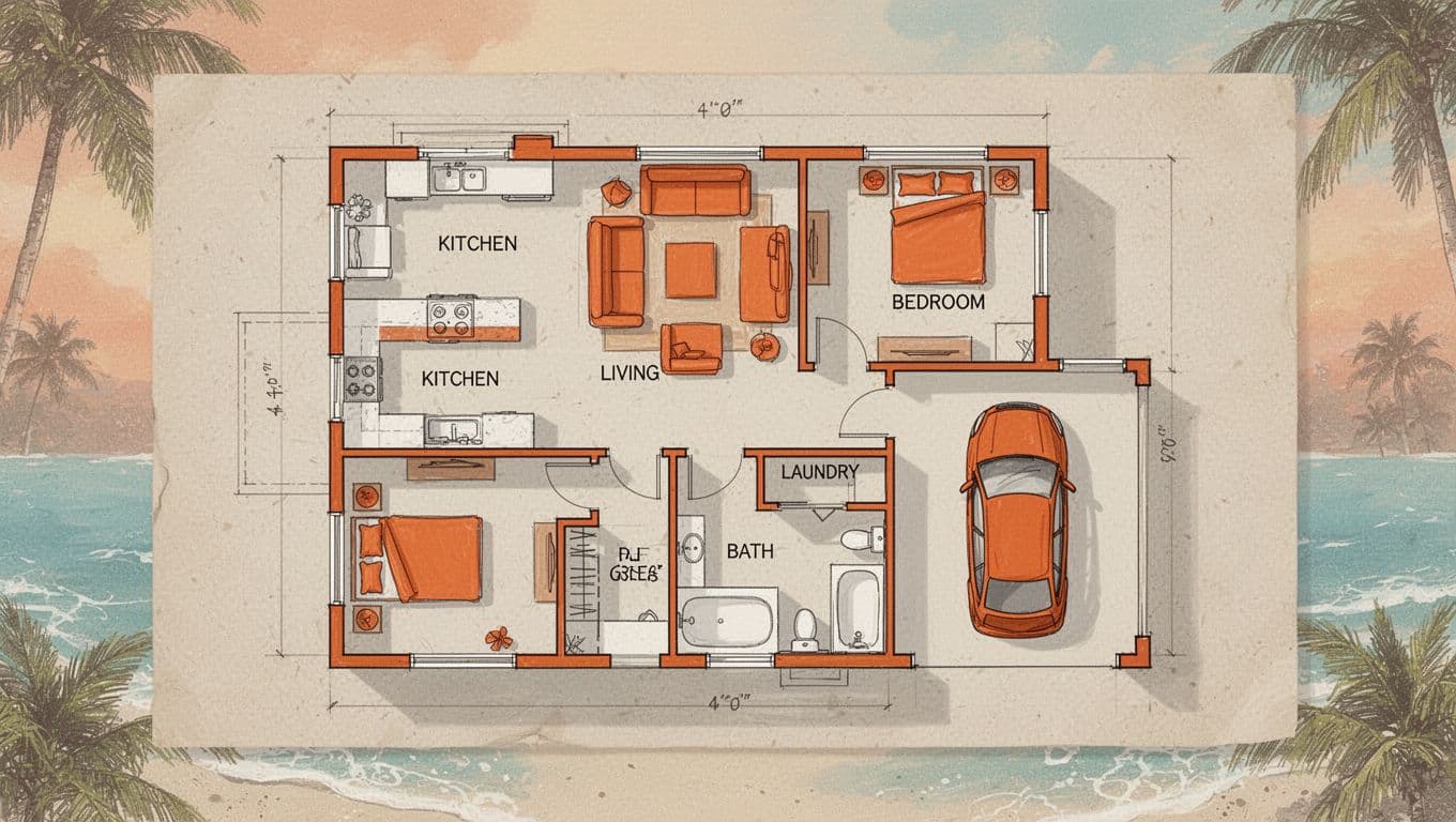 Overhead view of a Florida home layout with an open living area and attached garage.