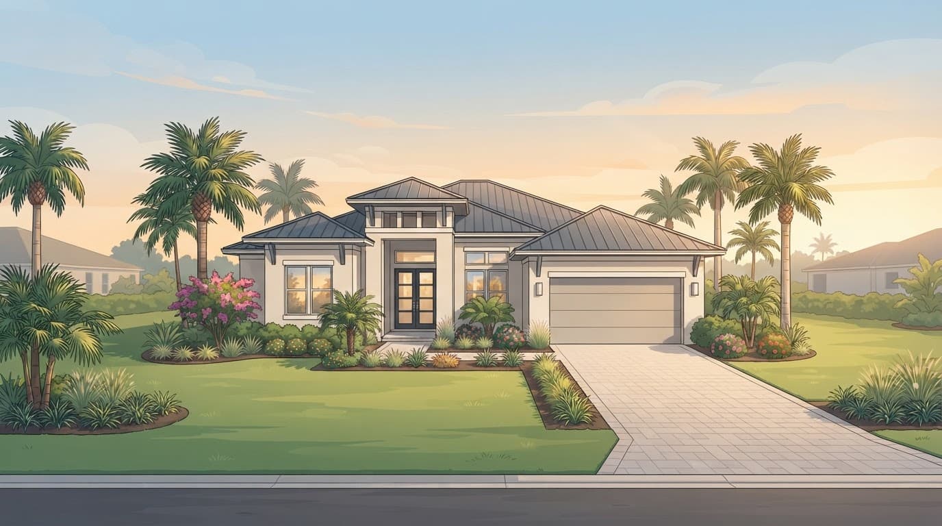 A Fort Myers new-construction property with palms, landscaping, and a driveway.